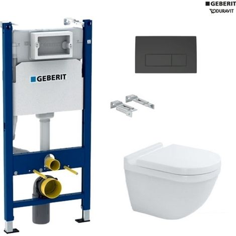 Pack inodoro suspendido con bastidor GEBERIT Duofix c/pulsador Delta negro 50 c/wc Starck 3 blanco brillo suspendido Rimless Duravit (1/4)