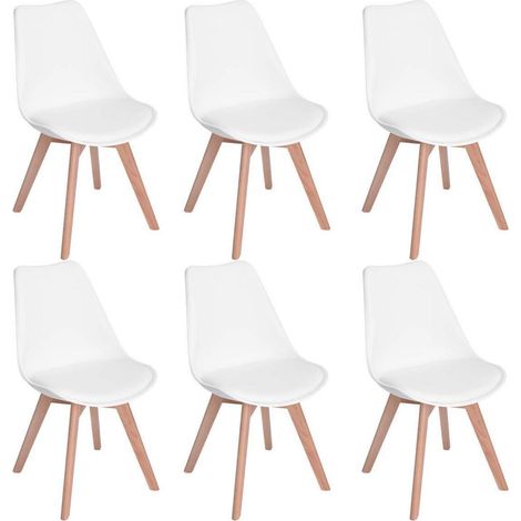 6er Set Esszimmerstühle mit Massivholzbeinen, Kunstleder, Retro Design, Weiß (1/5)