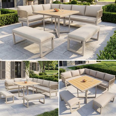 Salon jardin grande capacité 8-10 personnes grande table imitation bois corde pieds réglables tous coussins inclus