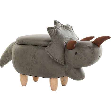Pouf Animaletto Forma di Triceratopo Tessuto Verde Gambe in Legno Triceratops