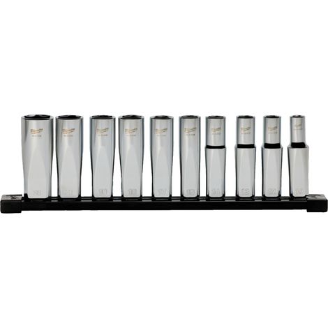 Set di 10 chiavi a bussola metriche Milwaukee da 1/2" di lunghezza su binario