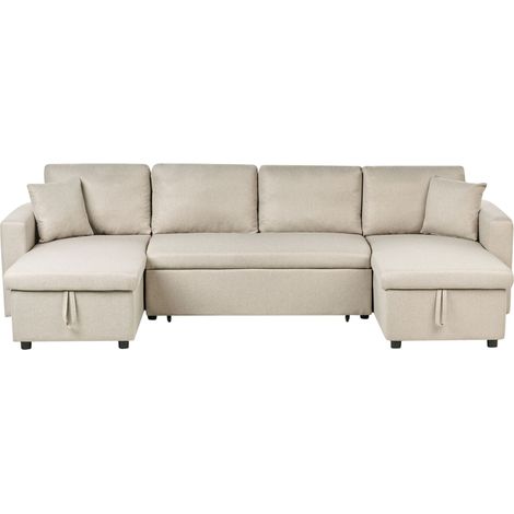 U-Shape Sofa Bed 5 Seater SOMMEN Fabric Light Beige with Storage (1/5)