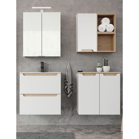 Badmöbel Set Hochglanz weiß mit Trüffel-Buche SOFIA-107 Keramik-Waschtisch & LED-Spiegelschrank, B/H/T ca. 150/200/46 cm (1/5)