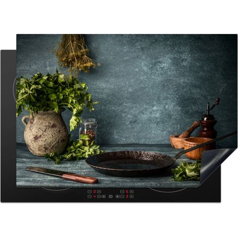 PROTECTION PLAQUE INDUCTION Herbes - Épices - Poêle - Couteau - Gris - Rustique Cuisine Accessoire 75x52 cm
