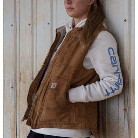 Carhartt – Gilet de travail sans manches marron – Doublure sherpa pour confort – 100% coton Soft Duck – Fermeture zippée – Coupe régulière