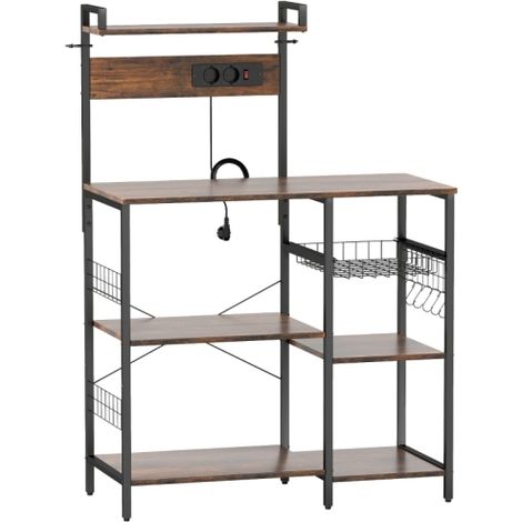 Küchenregal, Standregal mit 2 Steckdosen, 5 S-Haken, 5 Ablagen, Korb, X-Streben Stahl 90 x 42 x 130 cm 
On-Site