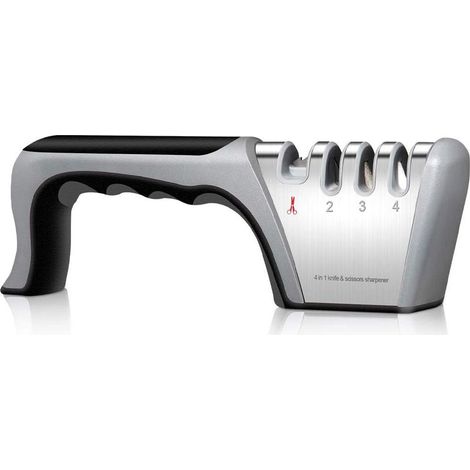 Aiguiseur de couteaux professionnel, aiguiseur de cuisine 4 en 1 avec gomme antidérapante, aiguiseur pour couteaux de cuisine et ciseaux de toutes tailles (noir) (1/5)