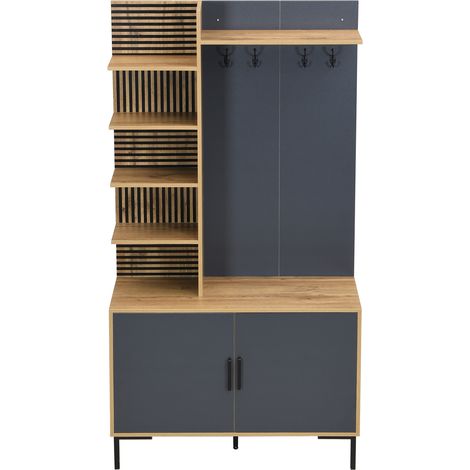 Ensemble porte-manteaux avec étagères réglables, patères et compartiment à chaussures en bois et noir (1/5)
