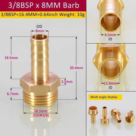 Raccord de tuyauterie en laiton (3l8BSP 8 mm Barb-CN) 6/8/Tuyau, embout cannelé BSP mâle, connecteur, joint, coupleur en cuivre, adaptateur (1/5)