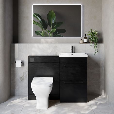 Napoli 390 Cento Nero Oak 1100mm 2 Drawer Vanity Unit Toilet Suite with Glide Basin - 1100mm - Matt Black 320mm HandleWith Kingston Toilet Pan and Seat