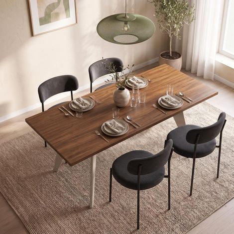 Table à manger extensible 140/180cm pieds métal beige et plateau finition noyer MELOE (1/5)