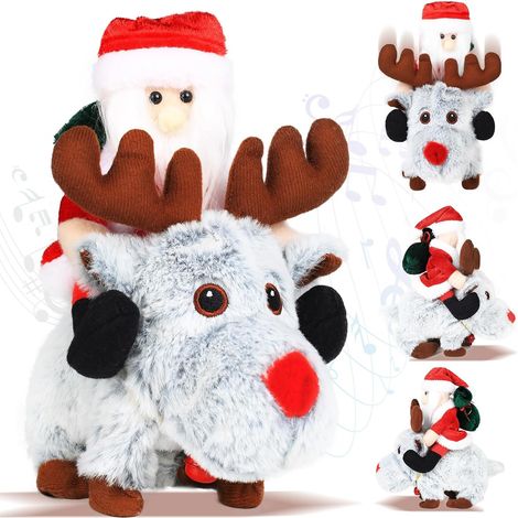 Babbo Natale Animato su Renna Grigia – Musica e Movimento Sincronizzati, Design Elegante con Naso Rosso – Peluche Morbida – Ideale per Decorazioni Natalizie Interne, Casa e Ufficio (1/4)