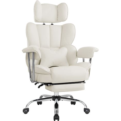 IWMH Chaise de Bureau à Dossier Grand avec Coussin Lombaire, Chaise de Direction avec Repose-Pieds Extensible et Accoudoirs, Fauteuil Ergonomique avec Appui-tête Réglable en Hauteur - PU - Blanc
