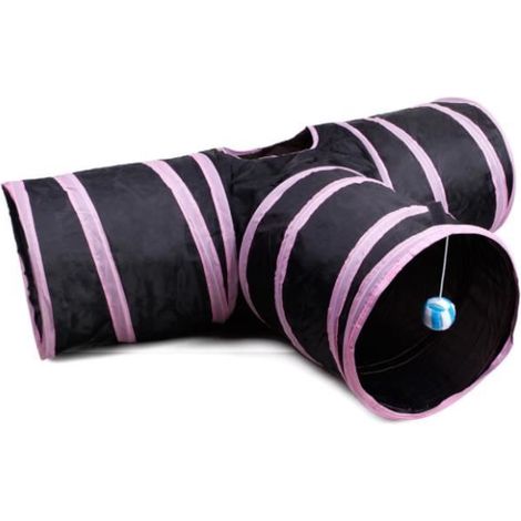 Tunnel Pliant pour Chat 3 Voies avec Balle Suspendue Noir et Rose 80x30x25cm (1/4)