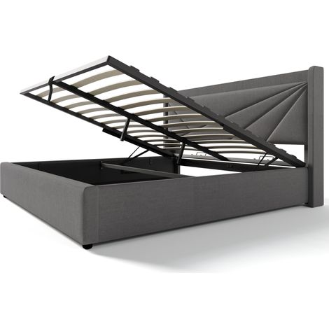 Lit double coffre 160x200 gris en lin avec USB et USB-C, cadre métal (1/5)