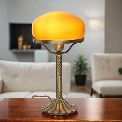 Echte Messing Tischleuchte Orange Glas Schirm Pilzlampe
