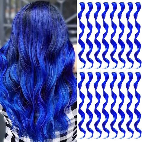 16-teiliges Set blauer, lockiger Clip-In-Haarverlängerungen, synthetische, gewellte Strähnen für Mädchen, Cosplay, Partys & Festivals, 55 cm (1/5)