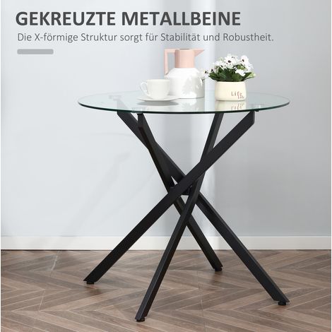 MEUBLIV Runder Tisch 80x80x75 cm schwarz – Platte aus gehärtetem Glas und Metallgestell (1/5)