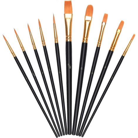 Lot de 10 pinceaux professionnels en nylon pour peinture à l'huile, aquarelle et gouache. (1/4)