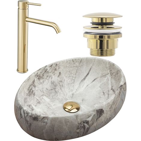 SET LAVABO SOBRE ENCIMERA LINDA STONE + GRIFO DE BAÑO LUNGO GOLD + TAPÓN GOLD (1/5)