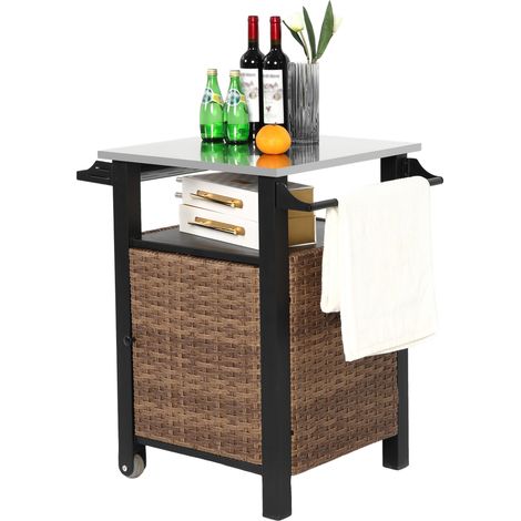 Carro de cocina con 1 Puerta, 1 Cajón, Ruedas y Encimera de Acero Inoxidable para Jardín 76x57x85 cm (1/5)