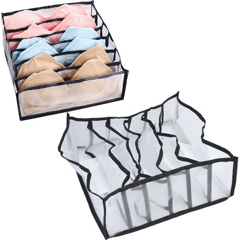 Boîte de rangement pliable en filet pour lingerie, solution de rangement pour chaussettes, organisateur séparateur de tiroir pour soutien-gorge et culotte, noir avec 6 compartiments. (1/5)