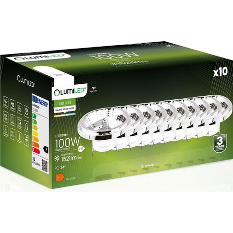 10x G53 LED-Spotlampe AR111 15W = 100W 1521lm 4000K Neutral 24° 12V Silber LUMILED