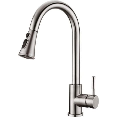 Robinet de Cuisine - Mitigeur Cuisine Rotatif à 360°avec Douchette Extensible, de Pulvérisation Robinet d'Évier en Acier Inoxydable (Nickel Brossé) (1/4)