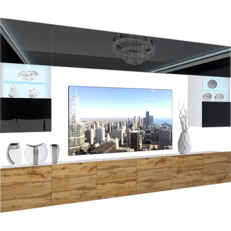 BELINI - Unité Murale TV NEX I Ensemble Muebles de Salon Complet I Ensemble Meuble TV avec Illumination LED I Dimensions: 300 x 180 x 36 cm I Coleur: Noir très Brillant/chêne wotan 1