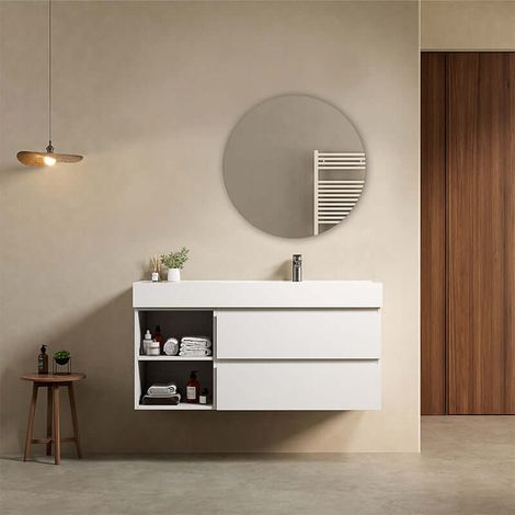 Mobile bagno sospeso 120 cm Bianco Lavabo a Destra in Resina Specchio Tondo - Fiji Paint Plus (1/4)
