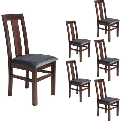 Lot de 6 chaises en hêtre chêne foncé assise tissu gris - MARTHA