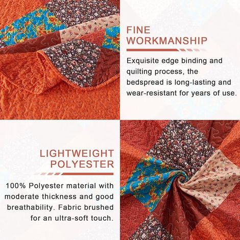 Patchwork Bedspread, Bedspread and Bedspread for Double Bed 240 x 260 cm, Reversible Quilted Quilt, Multi-Colour, Pink Decorative for Bedroom (Orange, 240 x 260 cm) (1/4)
