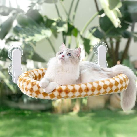 Hamac Chat Fenetre Pliable Panier Perchoir Suspendu Lit pour Petite et Grande Chats Ventouse Support Transat Etagere Coussin Chaise Interieur Tapis Réversible 54  30cm (Brun, M)