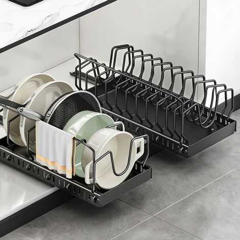 Support de couvercle de casserole extensible, porte-poêles pour tiroir avec 12 séparateurs réglables et porte-torchons de cuisine, rangement pour couvercle de casserole, organiseur de poêles (1/5)