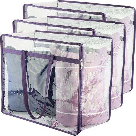 Sacs de rangement zippés en vinyle transparent (lot de 3) : 40 L. Sacs de rangement robustes pour pulls, couvertures, couettes et parures de lit (violet, 46 x 23 x 38 cm)