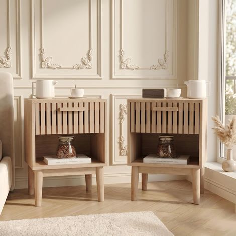 Lot de 2 Table de chevet bois 40 cm, avec tiroir et compartiment, Meuble de Rangement, scandinave, Naturelle