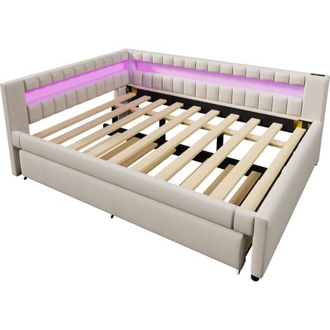 Letto estraibile 140 x 200 cm in lino beige con LED, porte USB e USB-C, senza materasso, MODENUIT (1/5)