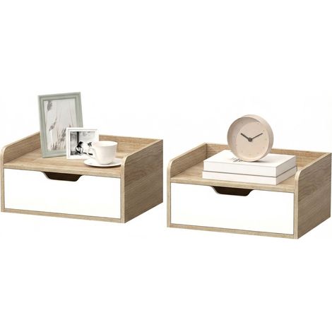 et de 2 mesitas de noche de pared 40 x 30 x 19.5 cm cajón bandeja con borde moderno de madera contrachapada madera natural 21000154 (1/2)