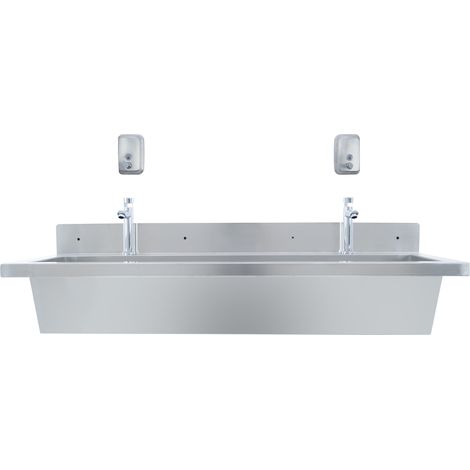 Lavamanos Colectivo Profesional 120 cm Acero Inoxidable 304 con Grifos Temporizados, Válvula Mezcladora de Temperatura y 2 Dispensadores de Jabón 500 ml (1/5)