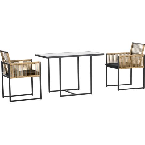 Ensemble table en verre et 2 chaises en rotin synthétique avec dossiers rabattables, design gigogne, coussins naturels et noirs (1/5)