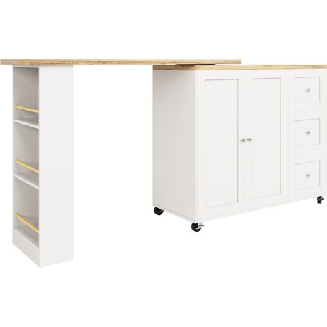 Îlot de cuisine pivotant 360° sur roulettes blanc MDF 3 tiroirs avec porte-snack (1/5)