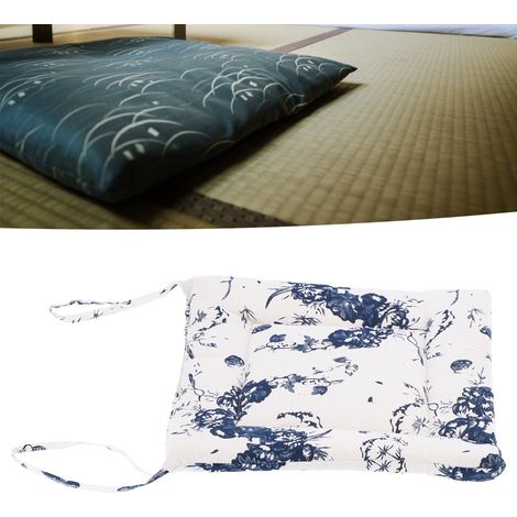 Coussin de siège épais en coton lin simple anti-dérapant avec cordon pour sol (Blanc Ink) (1/5)