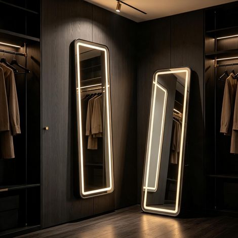 Espejo de 150×40 cm con luces LED regulables, cristal HD antiexplosión, marco dorado y marco de aluminio para dormitorio (1/5)