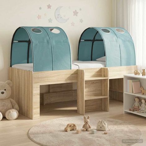 Lit haut enfant avec tunnel, cadre en bois d’ingénierie, chêne Sonoma et bleu clair, 3 pièces - PANGIVO (1/5)