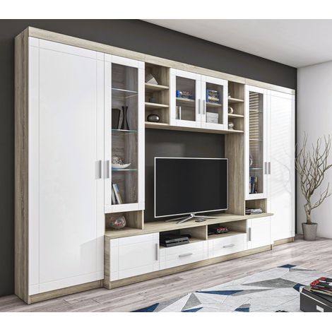 AX LIVING Parisca Wohnwand mit viel Stauraum 340cm, sonoma eiche/weiß