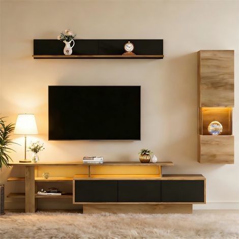 Ensemble mural TV 3 pièces avec éclairage LED, meubles de salon à finition brillante, meuble mural frontal, 1 meuble TV, 1 vitrine de salon, 1 étagère murale, pour TV jusqu’à 80 pouces, noir + couleur