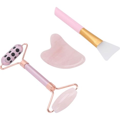 Rouleau de Gua Sha en Quartz Rose, Outil de Massage Facial et Brosse à Masque - Kit Beauté (1/5)
