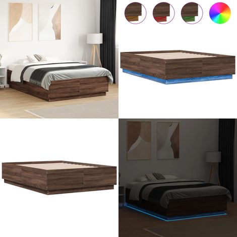 Bettgestell mit LED Braun Eichen-Optik 135x190 cm Holzwerkstoff - Holzbettfassungen - Bettsystem - Eiche Möbel - Beleuchtung Im Schlafzimmer - Modernes Bett - Home & Living (1/5)
