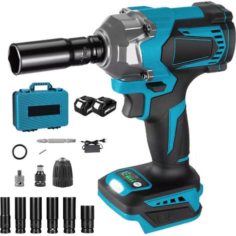 Clé à Chocs Sans Fil Brushless compatible avec Makita 18V batterie, 700 Nm 1/2" Boulonneuse a Choc Electrique, Visseuse à Chocs avec 6 Douilles, pour Changement Pneus Voiture (2 batteries) (1/5)