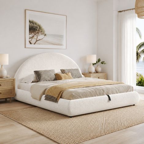 Letto matrimoniale 180x200 imbottito con contenitore idraulico, rete e testiera bouclé bianco (1/5)